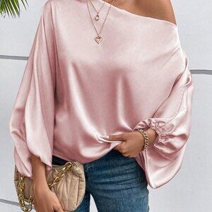Pink Elegant Women's Asymmetric Collar Long Sleeve Blouse